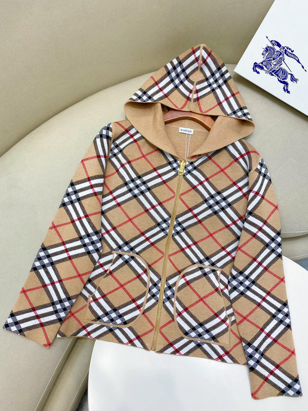 Burberry 25 Plaid Zip-up Cardigan Sweater Wool Cashmere
