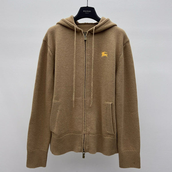 Burberry 25 Zipper-Up Hooded Knit Cardigan Beige Wool Cashmere
