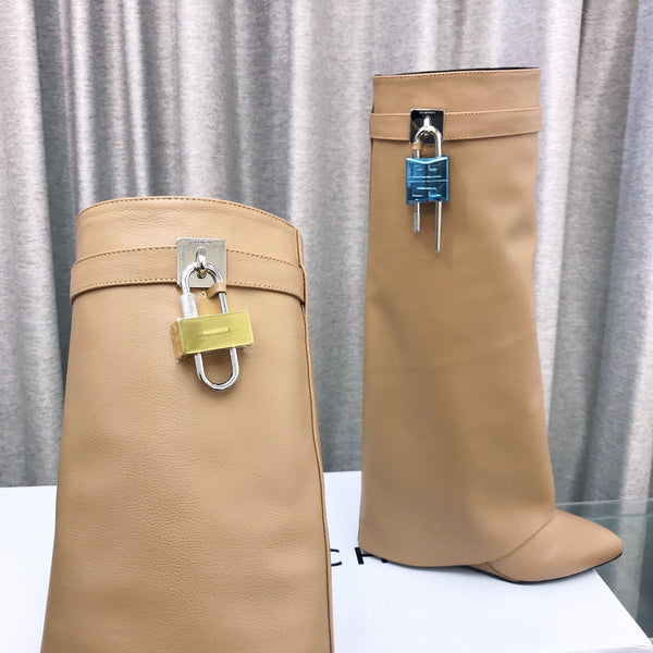 Givenchy Shark-Lock Knee-High Boots Beige Cowhide