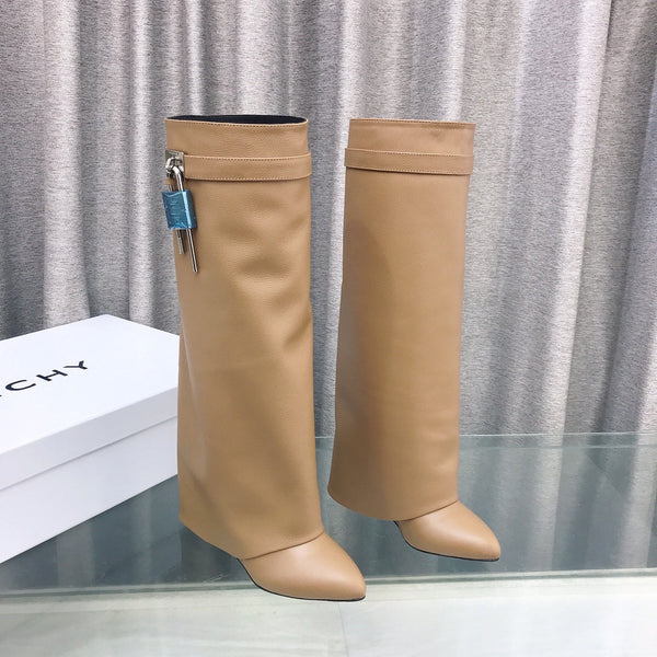 Givenchy Shark-Lock Knee-High Boots Beige Cowhide