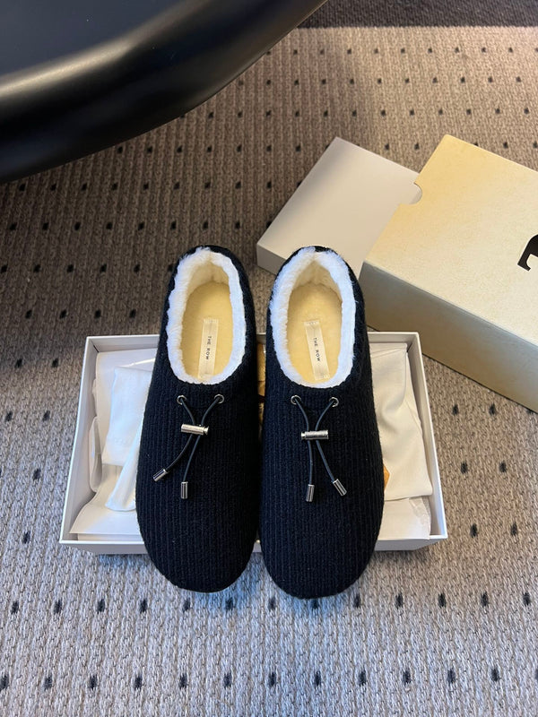 The Row 2025 Chaussons Rayés Fourrure Noir Blanc Laine 561636
