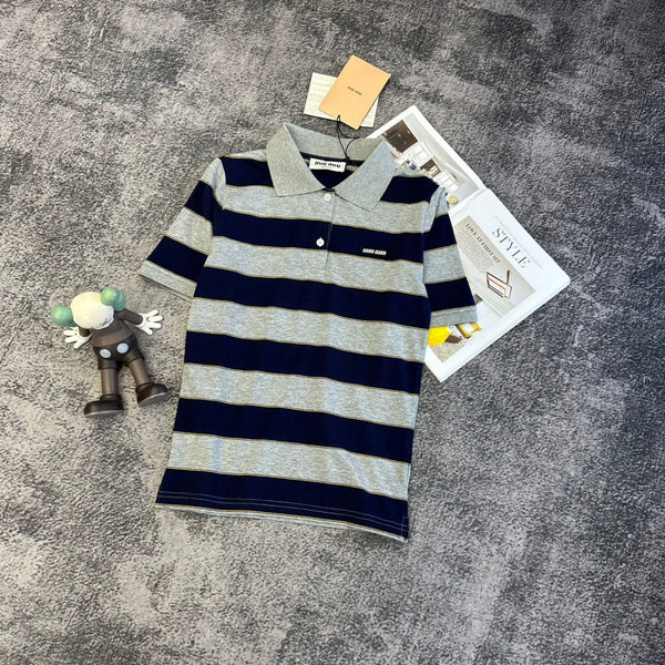 Miu PE26 Polo rayé noir gris coton 350879