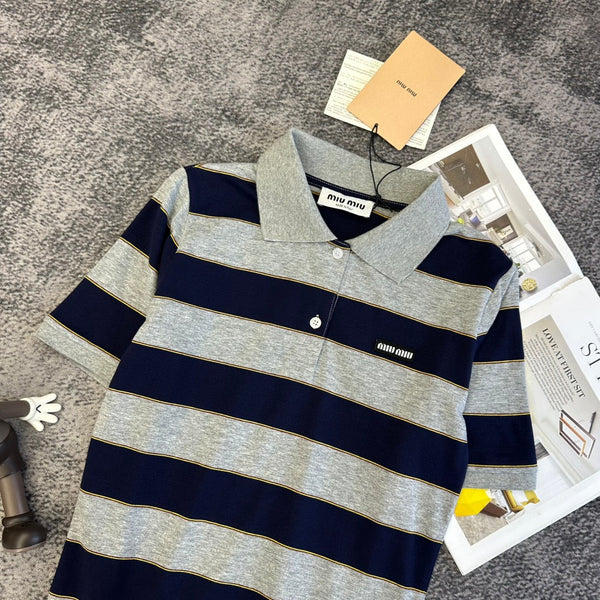 Miu PE26 Polo rayé noir gris coton 350879