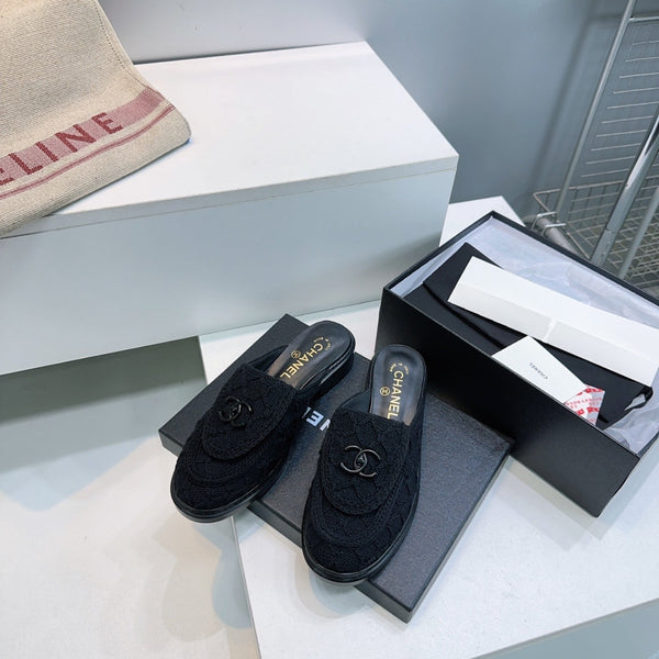 CC Loafers Half-Slip Sandals Black Wool Sheepskin 628645