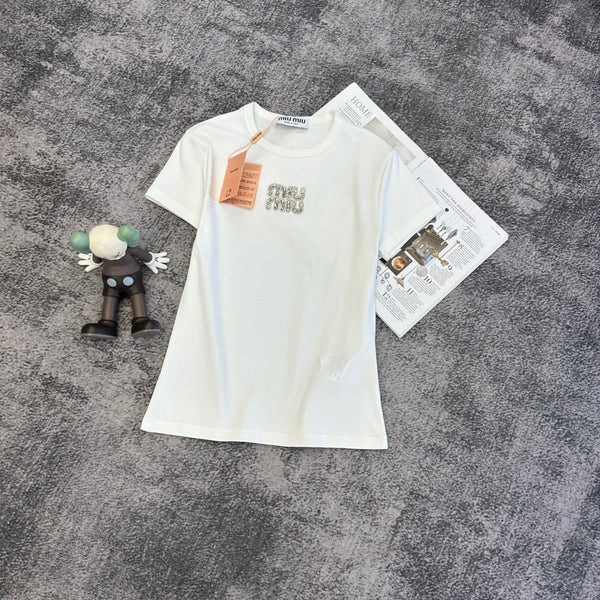T-shirt Miu PE26 brodé logo cristaux Coton 350561