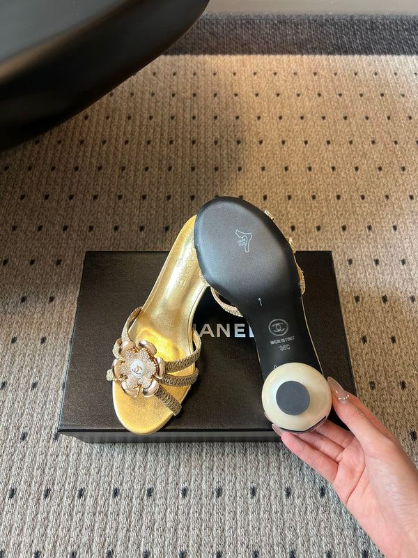 CC 2026s Pearl Camellia Sandals 7cm Gold Cowhide 719456