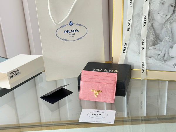 Porta carte Pra Gold Logo-Stamp in pelle Saffiano rosa