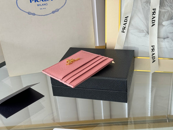 Porta carte Pra Gold Logo-Stamp in pelle Saffiano rosa