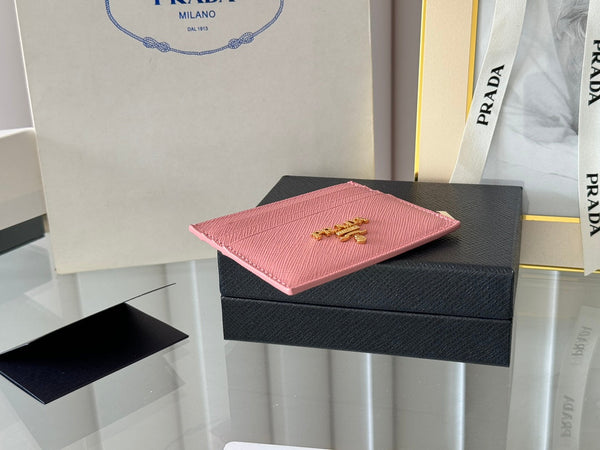 Porta carte Pra Gold Logo-Stamp in pelle Saffiano rosa