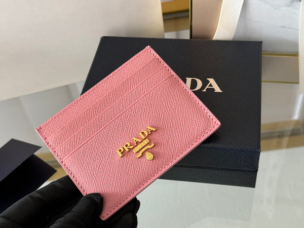 Porta carte Pra Gold Logo-Stamp in pelle Saffiano rosa