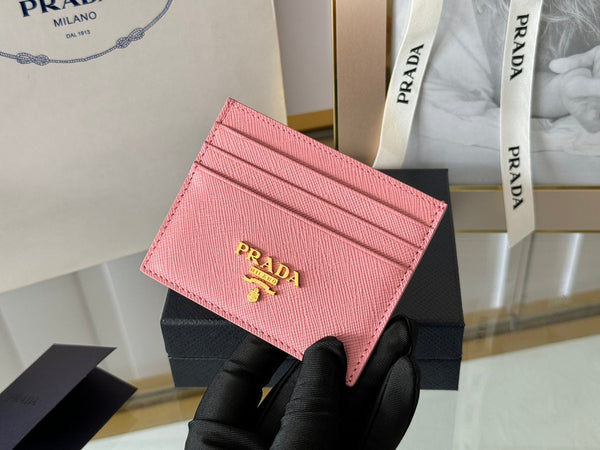 Porta carte Pra Gold Logo-Stamp in pelle Saffiano rosa