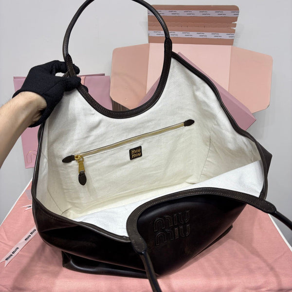 Miu IVY Leather Tote Bag Coffee Brown Nappa Leather