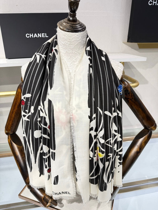 CC 2026 Floral Square Scarf 140cm Black Cashmere Silk 218856