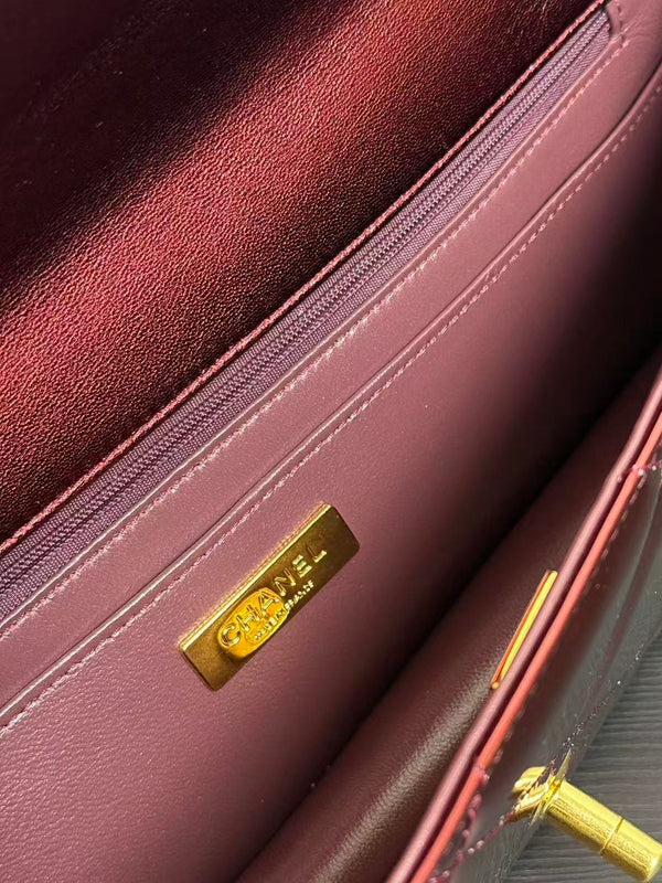 CC Large Flap Bag With Top Handle Burgundy Metallic Calfskin GHW