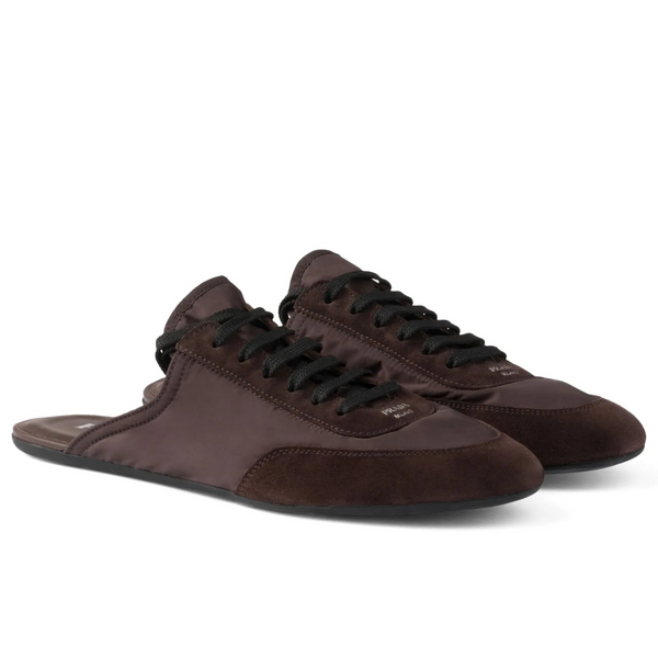 Prada Collapse Mules Brown Black Suede Goatskin