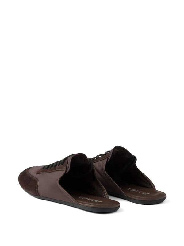Prada Collapse Mules Brown Black Suede Goatskin