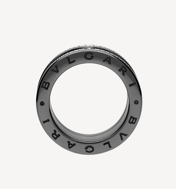ANELLO ZERO 1 ROCK A QUATTRO FASCE IN CERAMICA NERA CON SPIRALE BORCHIATA E DIAMANTI PAVATI