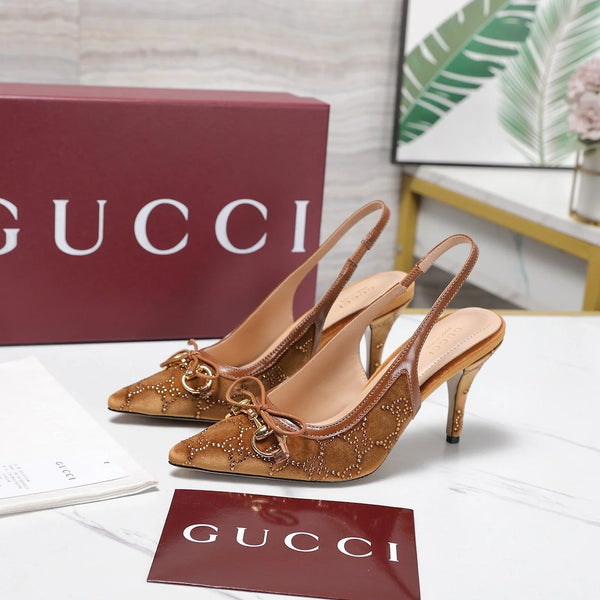 GG 26s Slingback Pumps 10cm Gold Hardware With Bow Velvet