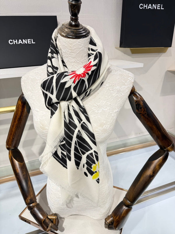 CC 2026 Floral Square Scarf 140cm Black Cashmere Silk 218856