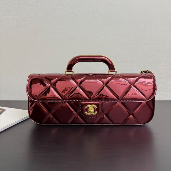 CC Large Flap Bag With Top Handle Burgundy Metallic Calfskin GHW