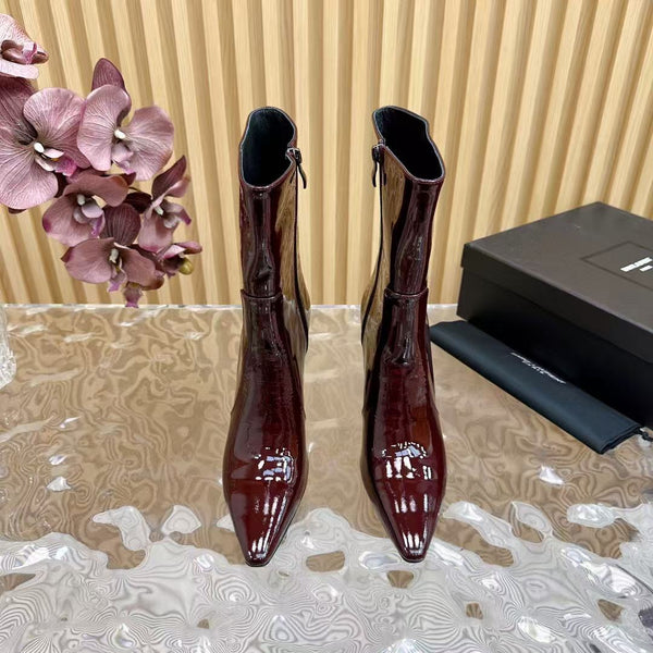 YSL Ankle Boots 90mm Burgundy Patent Leather