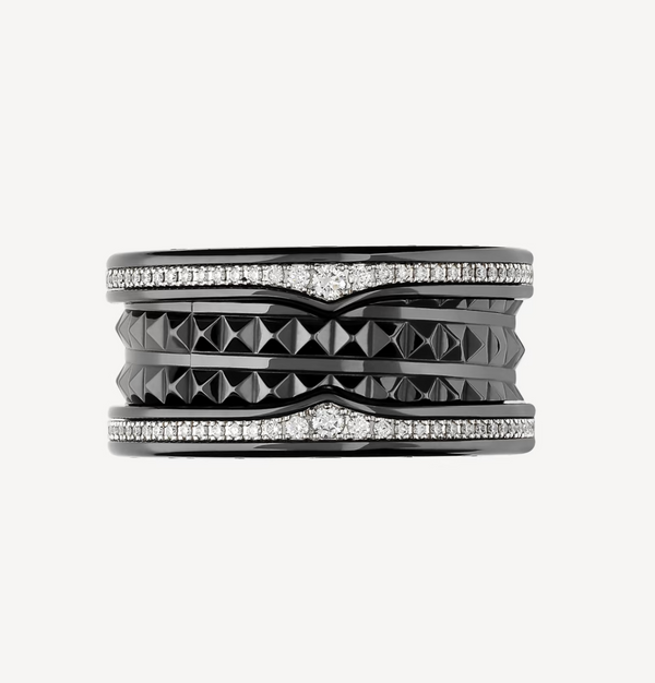 ANELLO ZERO 1 ROCK A QUATTRO FASCE IN CERAMICA NERA CON SPIRALE BORCHIATA E DIAMANTI PAVATI