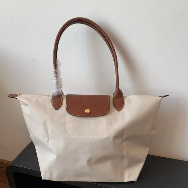 Longchamp Small Le Pliage Tote Bag Brown Cream Polyamide Leather