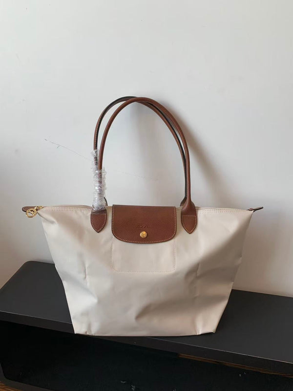 Longchamp Small Le Pliage Tote Bag Brown Cream Polyamide Leather
