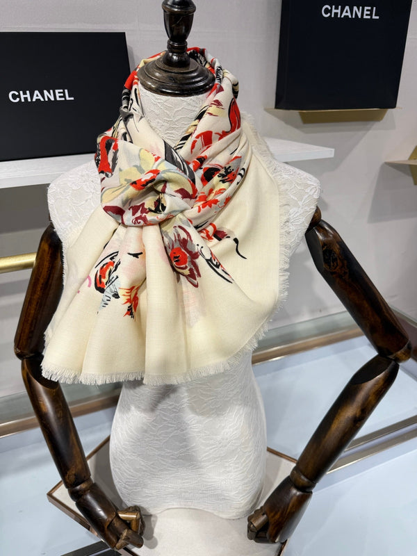 CC 2026 Square Scarf 140cm Red White Cashmere Silk 218853