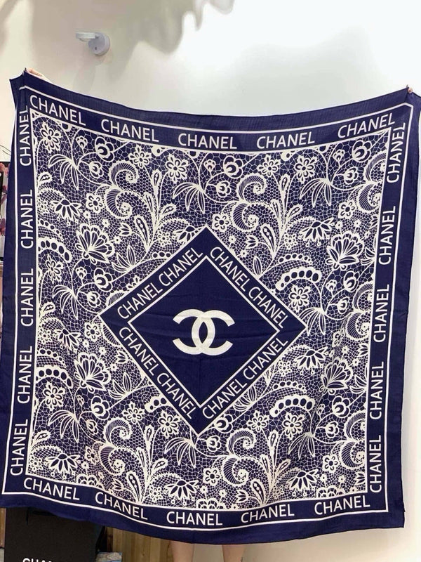 Chanel 2026 Lace Pattern Scarf 135cm Dark Blue Silk And Cashmere 213766