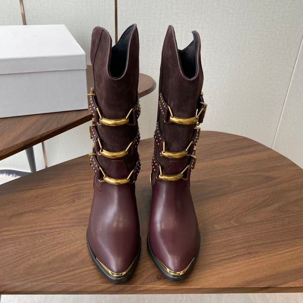 Isabel Marant Meixa Boots Santiag 30mm Burgundy Leather and Metal