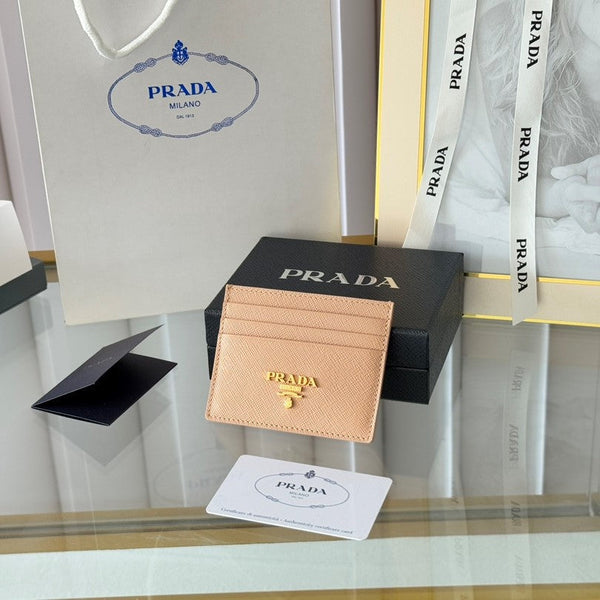 Porta carte Pra Gold Logo-Stamp in pelle Saffiano beige
