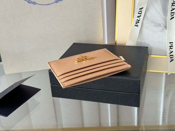 Porta carte Pra Gold Logo-Stamp in pelle Saffiano beige