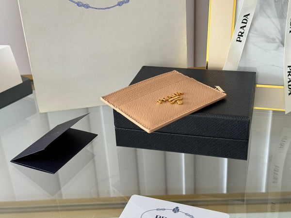Porta carte Pra Gold Logo-Stamp in pelle Saffiano beige