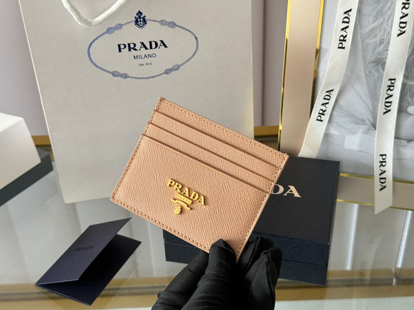 Porta carte Pra Gold Logo-Stamp in pelle Saffiano beige