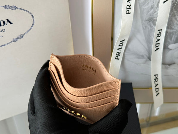 Porta carte Pra Gold Logo-Stamp in pelle Saffiano beige