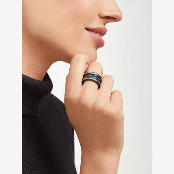 ANELLO ZERO 1 ROCK A QUATTRO FASCE IN CERAMICA NERA CON SPIRALE BORCHIATA E DIAMANTI PAVATI
