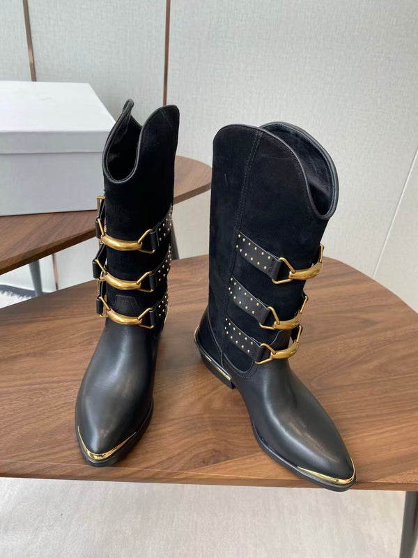 Isabel Marant Meixa Boots Santiag 30mm Black Leather and Metal