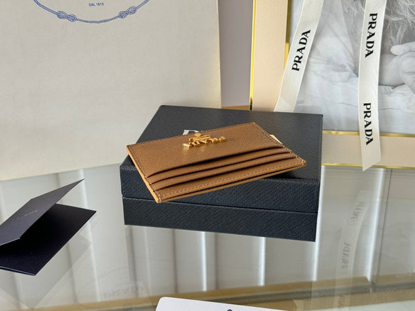 Porta carte Pra Gold Logo-Stamp in pelle Saffiano marrone