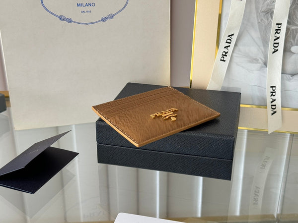 Porta carte Pra Gold Logo-Stamp in pelle Saffiano marrone