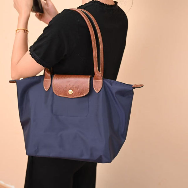 Longchamp Small Le Pliage Tote Bag Brown Navy Blue Polyamide Leather
