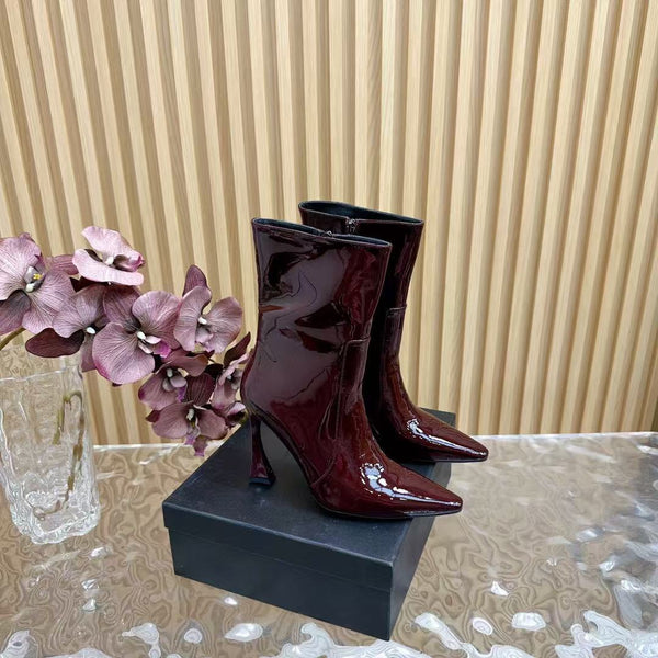 YSL Ankle Boots 90mm Burgundy Patent Leather