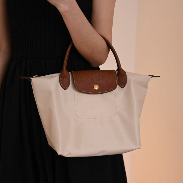Longchamp Small Le Pliage Tote Bag Brown Cream Polyamide Leather