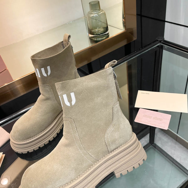 Miu 26s Logo Chunky Ankle Boots Suede