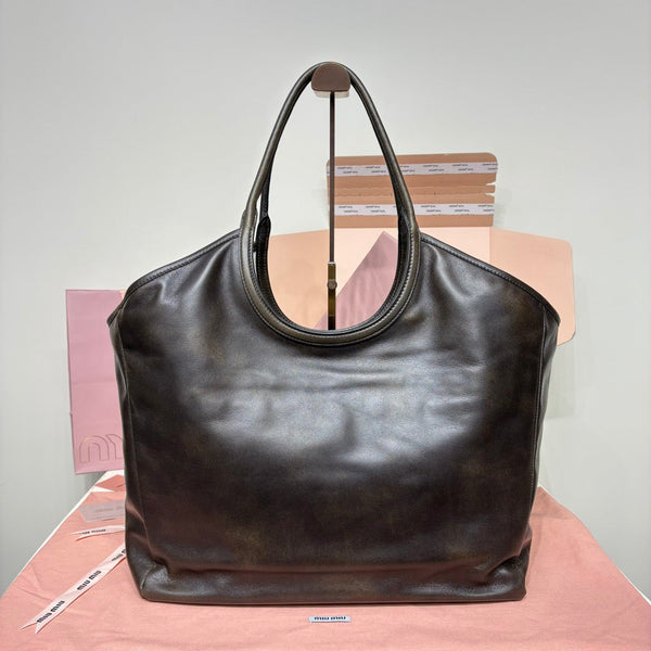Miu IVY Leather Tote Bag Coffee Brown Nappa Leather