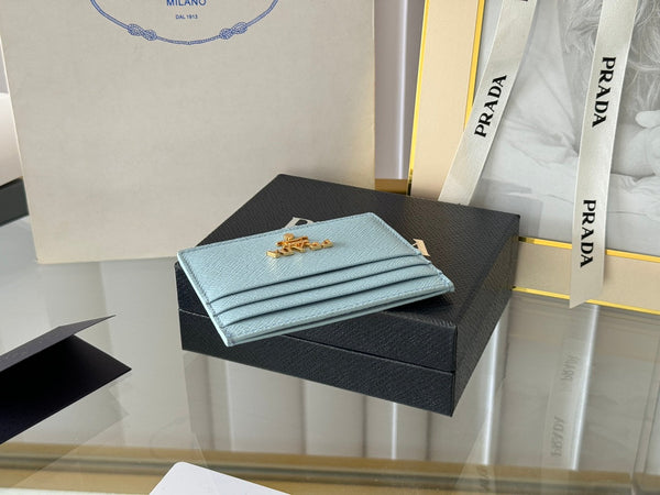 Porta carte Pra Gold Logo-Stamp in pelle Saffiano azzurro