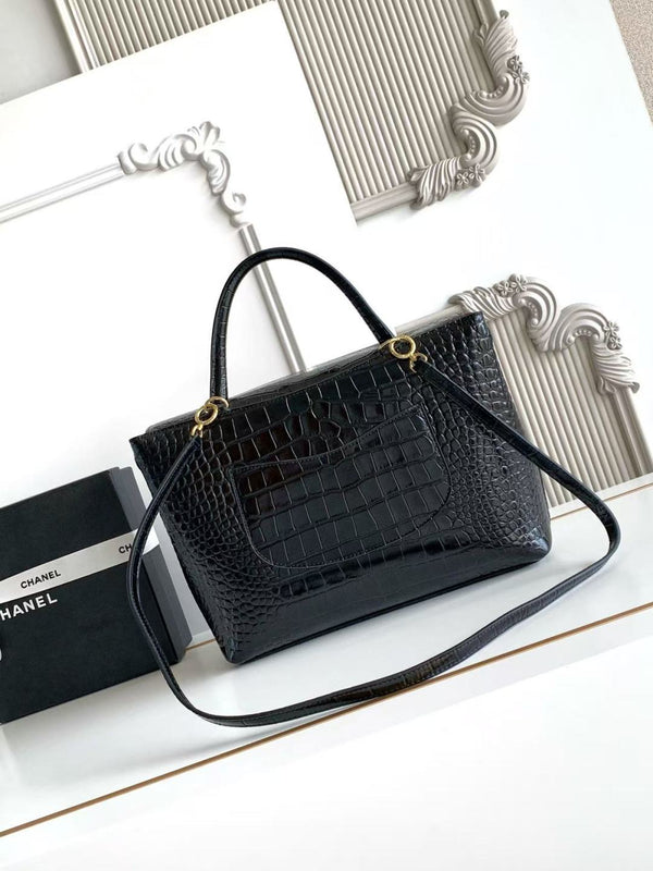 CC 2026 Maxi Top Handle Bag 31cm Black Crocodile Embossed Leather