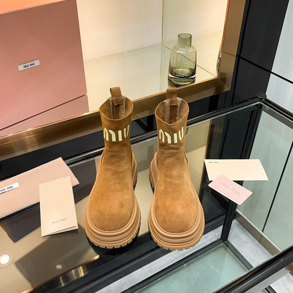 Miu 26s Logo Chunky Ankle Boots Suede