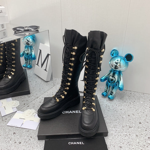 CC 2026 Knit Lace Up Combat Boots Black Calfskin 162215