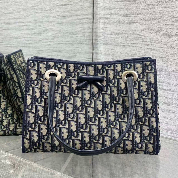 CD Medium Shopping Bag Blue Beige Oblique Jacquard Cotton Calfskin